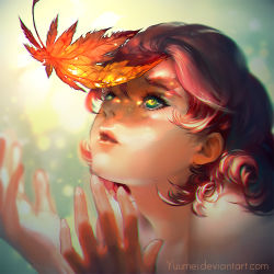 Rule 34 | 1girl, autumn, autumn leaves, bare shoulders, chromatic aberration, curly hair, eyelashes, from side, green eyes, leaf, lips, long hair, looking up, original, portrait, red hair, shadow, solo, sunlight, watermark, web address, yuumei