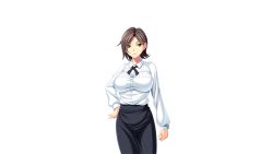 Rule 34 | 1girl, aotonbo, black eyes, black hair, breasts, female focus, game cg, hand on own hip, large breasts, legs, looking at viewer, ohanabatakerun, serious, short hair, simple background, skirt, solo, standing, thighs, white background, xx of the dead