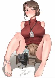 Rule 34 | 1boy, 1girl, angry, arms behind back, beige shorts, belt, black hair, blue shirt, blush, breasts, brown eyes, brown hair, buttons, chair, earrings, giant, giantess, hair ornament, hair stick, hands on floor, highres, id card, jewelry, kkasi00, knees up, korean commentary, long hair, looking down, looking up, office, office chair, office lady, original, scolding, shirt, shoe loss, shorts, sitting, size difference, sleeveless, swivel chair, turtleneck, white footwear, worried