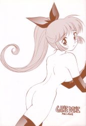 Rule 34 | 1990s (style), 1girl, ass, bow, breasts, elbow gloves, from behind, gloves, hair bow, halftone, haneoka meimi, highres, kaitou saint tail, looking back, magical girl, monochrome, nude, ono toshihiro, pink theme, ponytail, retro artstyle, saint tail, solo, thighhighs