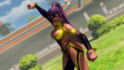 Rule 34 | 1girl, artist request, boots, breasts, cleavage, cleavage cutout, clothing cutout, cosplay, curvy, dark-skinned female, dark skin, egyptian, female focus, highleg, highleg leotard, highres, leotard, looking at viewer, menat, ponytail, purple hair, rainbow mika (cosplay), revealing clothes, screencap, shiny skin, smile, solo, street fighter, thong leotard