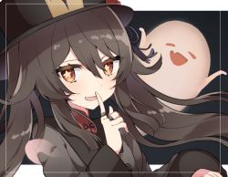 Rule 34 | 1girl, black headwear, blush, brown eyes, brown hair, brown shirt, commentary request, fang, finger to mouth, flower-shaped pupils, genshin impact, ghost, hair between eyes, hand up, highres, hu tao (genshin impact), long hair, long sleeves, looking at viewer, nghbr, open mouth, shirt, sidelocks, symbol-shaped pupils, upper body, wide sleeves