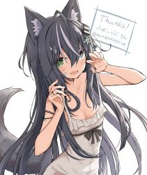 Rule 34 | 1girl, :d, absurdres, animal ear fluff, animal ears, black hair, blue eyes, breasts, claw pose, cleavage, commission, dress, fang, green eyes, hamigakikoice, heterochromia, highres, lifted by self, long hair, looking at viewer, medium breasts, multicolored hair, open mouth, original, skeb commission, skin fang, sleeveless, sleeveless dress, smile, strap lift, streaked hair, tail, white hair