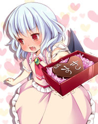 Rule 34 | 1girl, @ @, ascot, averting eyes, bad id, bad pixiv id, bat wings, blush, box, brooch, candy, chocolate, chocolate heart, dress, embarrassed, fang, food, full-face blush, heart, incoming gift, irori, jewelry, open mouth, outstretched arm, panicking, pink dress, puffy sleeves, red eyes, remilia scarlet, short sleeves, shy, silver hair, smile, solo, touhou, trembling, valentine, wings
