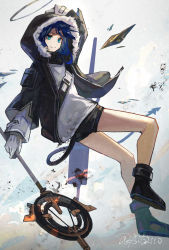 Rule 34 | 1girl, aito, arknights, arm up, black footwear, black halo, black jacket, black shorts, blue eyes, blue hair, boots, dark halo, detached wings, energy wings, female focus, full body, fur-trimmed hood, fur trim, gloves, grey shirt, gry mburu (bikupan), halo, highres, holding, holding staff, hood, hood up, hooded jacket, jacket, long hair, long sleeves, looking at viewer, mostima (arknights), open clothes, open jacket, shirt, shorts, signature, smile, solo, staff, white gloves, wings