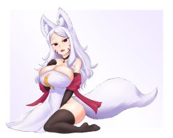 Rule 34 | 1girl, aged up, alternate breast size, animal ear fluff, animal ears, bare shoulders, black gloves, breast suppress, breasts, choker, cleavage, dress, elbow gloves, facial mark, fox ears, fox girl, fox tail, gloves, large breasts, long hair, parted bangs, pelvic curtain, red eyes, sewayaki kitsune no senko-san, shiro (sewayaki kitsune no senko-san), simple background, sitting, solo, tail, thighhighs, wariza, whisker markings, white hair