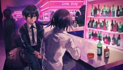 Rule 34 | 2boys, ahoge, alcohol, alternate costume, bar (place), black hair, black jacket, blush, brown eyes, character name, collared shirt, commentary request, cup, danganronpa (series), danganronpa v3: killing harmony, drinking glass, formal, hair between eyes, hand grab, highres, jacket, kozomezuki, long sleeves, looking at another, looking at viewer, male focus, multiple boys, necktie, neon lights, open clothes, open jacket, open mouth, open pants, oma kokichi, pants, people, saihara shuichi, shirt, short hair, sitting, smile, white jacket, white shirt, wing collar