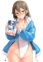 Rule 34 | 1girl, amamiya natsumi, bad id, bad pixiv id, blue eyes, blush, book, breasts, brown hair, commentary request, competition swimsuit, cowboy shot, highleg, highleg swimsuit, holding, holding book, kekemotsu, large breasts, long hair, looking at viewer, manga (object), one-piece swimsuit, original, pornography, simple background, solo, swimsuit, swimsuit under clothes, white background