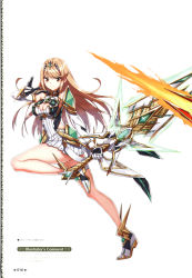 Rule 34 | 1girl, absurdres, aegis sword (xenoblade), blonde hair, breasts, brown eyes, cleavage, cleavage cutout, closed mouth, clothing cutout, dress, earrings, elbow gloves, full body, gloves, hand up, highres, holding, holding sword, holding weapon, jewelry, leg up, long hair, looking at viewer, medium breasts, mythra (xenoblade), official art, page number, saitou masatsugu, scan, shiny skin, short dress, simple background, smile, solo, sword, tiara, weapon, white gloves, xenoblade chronicles (series), xenoblade chronicles 2