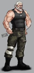 Rule 34 | 1boy, alternate costume, bara, bare arms, bare shoulders, beard, beckoning, black tank top, blind, camouflage, camouflage pants, dog tags, facial hair, full body, hair slicked back, highres, large pectorals, male focus, muscular, muscular male, nyaarr, old, old man, overwatch, overwatch 1, pants, pectorals, reinhardt (overwatch), scar, scar across eye, scar on arm, scar on face, short hair, smile, solo, tank top, white hair