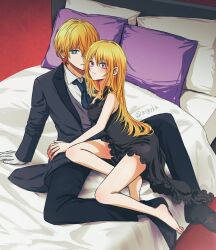 Rule 34 | 1boy, 1girl, asgykk, bed, bed sheet, black dress, blonde hair, blue eyes, brother and sister, butler, commentary request, dress, gloves, hair down, highres, hoshino aquamarine, hoshino ruby, long hair, looking at viewer, mismatched pupils, necktie, on bed, oshi no ko, pillow, pink eyes, short hair, siblings, twins, vest, white gloves