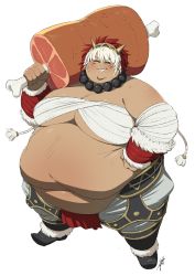 Rule 34 | 1girl, absurdres, alternate body size, bandaged arm, bandages, breasts, dark-skinned female, dark skin, closed eyes, facial mark, fat, fire emblem, food, grin, highres, jeetdoh, large breasts, mask, mask on head, meat, multicolored hair, nintendo, obese, over shoulder, red eyes, red hair, rinkah (fire emblem), sarashi, short hair, smile, solo, standing, white hair