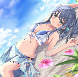 Rule 34 | 1girl, bikini, blue bikini, blue eyes, blue flower, blue hair, blue sky, blush, braid, breasts, cloud, collarbone, commentary, earrings, flower, hair flower, hair ornament, jewelry, long hair, looking at viewer, lying, magia record: mahou shoujo madoka magica gaiden, mahou shoujo madoka magica, nanami yachiyo, nanami yachiyo (swimsuit costume), navel, on back, parted lips, pink flower, rikopin, sarong, shallow water, sky, small breasts, solo, stomach, swimsuit, water