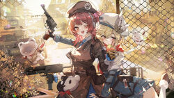 Rule 34 | 2girls, animal bag, black gloves, blonde hair, blush, brown headwear, chain-link fence, fence, fingerless gloves, food, gas-seal revolver, girls&#039; frontline, girls&#039; frontline 2: exilium, gloves, gun, h&amp;k mp7, hair between eyes, hair ornament, hairpin, handgun, hat feather, headphones, highres, holding, holding food, holding gun, holding ice cream, holding weapon, ice cream, looking at viewer, mp7 (girls&#039; frontline), multiple girls, nagant m1895, nagant revolver (girls&#039; frontline), one eye closed, open mouth, orange eyes, personal defense weapon, pink hair, pouch, red eyes, revolver, smile, submachine gun, teeth, trigger discipline, two-tone gloves, upper teeth only, weapon, white headwear, yellow gloves, zishengtian123