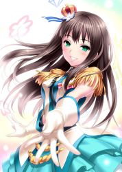 Rule 34 | 10s, 1girl, brown hair, crown, epaulettes, gloves, gradient background, green eyes, hat, heart, heart-shaped pupils, idolmaster, idolmaster cinderella girls, long hair, looking at viewer, mini crown, outstretched arm, shibuya rin, smile, solo, symbol-shaped pupils, zen