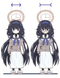 Rule 34 | 1girl, alternate breast size, black hair, blue archive, commentary request, eyewear on head, glasses, halo, headband, highres, long skirt, looking at viewer, low twintails, noharaga4, pantyhose, school uniform, simple background, skirt, standing, sweater, twintails, ui (blue archive), white background