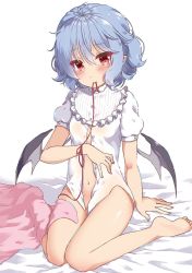 Rule 34 | 1girl, barefoot, bat wings, bed sheet, beni kurage, black wings, blanket, blue hair, blush, bottomless, dress shirt, feet, hair between eyes, head tilt, looking at viewer, mouth hold, naked shirt, navel, open clothes, open shirt, pointy ears, puffy short sleeves, puffy sleeves, red eyes, remilia scarlet, shirt, short hair, short sleeves, simple background, solo, string, string of fate, touhou, white background, white shirt, wings