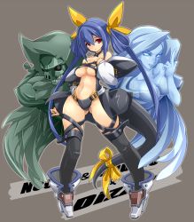 Rule 34 | 1girl, asymmetrical wings, bare shoulders, black thighhighs, blue hair, breasts, character name, choker, collarbone, detached sleeves, dizzy (guilty gear), feathered wings, feathers, full body, guilty gear, guilty gear x, guilty gear xx, hair ribbon, hair rings, highres, karukan (monjya), large breasts, long hair, long sleeves, middle finger, midriff, navel, necro (guilty gear), open mouth, outline, pigeon-toed, red eyes, ribbon, solo, standing, tail, tail ornament, tail ribbon, thick thighs, thighhighs, thighs, twintails, underboob, undine (guilty gear), very long hair, white wings, wings, yellow ribbon