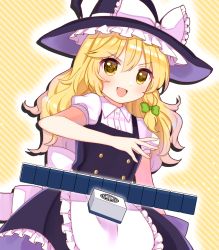 Rule 34 | apron, black headwear, black skirt, black vest, blonde hair, bow, buttons, caracorn, collared shirt, frilled apron, frilled hat, frilled skirt, frills, green bow, hair bow, hat, hat bow, highres, kirisame marisa, mahjong, open mouth, puffy short sleeves, puffy sleeves, shirt, short sleeves, skirt, touhou, touhou unreal mahjong, v-shaped eyebrows, vest, waist apron, white apron, white bow, white shirt, witch, witch hat, yellow background, yellow eyes