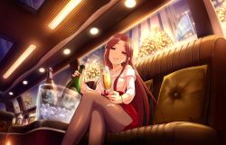 Rule 34 | 10s, 1girl, alcohol, artist request, brown eyes, brown hair, champagne, cup, drinking glass, earrings, idolmaster, idolmaster cinderella girls, idolmaster cinderella girls starlight stage, jewelry, jpeg artifacts, crossed legs, long hair, matching hair/eyes, nail polish, necklace, official art, pantyhose, red skirt, ring, skirt, solo, wine glass, zaizen tokiko
