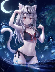 Rule 34 | 1girl, absurdres, animal, animal ears, bare arms, bare shoulders, bikini, black bikini, black hair, breasts, cat ears, cat girl, cat tail, cleavage, cloud, commentary request, crescent moon, grey hair, hair ornament, highres, hololive, long hair, looking at viewer, medium breasts, moon, multicolored hair, night, night sky, ocean, orca, outdoors, paw pose, red eyes, sakamata chloe, side-tie bikini bottom, sky, solo, star (sky), starry sky, streaked hair, swimsuit, tail, thighs, virtual youtuber, wading, wajuniorbox, x hair ornament