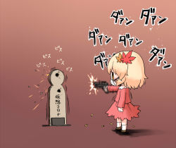 Rule 34 | 1girl, aki shizuha, arinu, arm up, blonde hair, blouse, chibi, commentary request, coronavirus pandemic, firing, full body, gradient background, gun, hair ornament, leaf hair ornament, long sleeves, mask, mouth mask, orange eyes, red shirt, red skirt, shell casing, shirt, shoes, short hair, simple background, skirt, skirt set, socks, solo, surgical mask, target, target practice, touhou, translation request, weapon