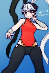 Rule 34 | 1girl, bird, black hair, blue background, chinese clothes, cowboy shot, feather hair ornament, feng (skullgirls), hair ornament, highres, multicolored hair, pata n, red eyes, short hair, skullgirls, smile, solo, stance, two-tone hair, white hair