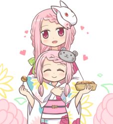 2girls :d ^_^ bad_id bad_twitter_id braid braided_bangs character_mask closed_eyes floral_print floral_print_kimono food heart holding holding_food hug hug_from_behind japanese_clothes kimono kyubey long_hair long_sleeves looking_at_viewer magia_record:_mahou_shoujo_madoka_magica_gaiden mahou_shoujo_madoka_magica mask mask_on_head mouse_mask multiple_girls open_mouth pink_eyes pink_hair reverse_(bluefencer) siblings sidelocks sisters smile standing takoyaki tamaki_iroha tamaki_ui white_kimono wide_sleeves