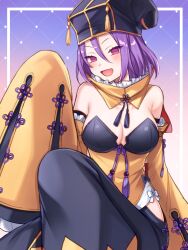 Rule 34 | 1girl, baggy pants, bare shoulders, black headwear, black pants, blush, breasts, chinese clothes, cleavage, detached collar, detached sleeves, fate/grand order, fate (series), gradient background, hair between eyes, hat, highres, hip vent, knee up, large breasts, looking at viewer, open mouth, pants, pelvic curtain, purple eyes, purple hair, short hair, sleeves past fingers, sleeves past wrists, smile, solo, tassel, uto hyou, wide sleeves, wu zetian (fate), wu zetian (swimsuit caster) (fate), wu zetian (swimsuit caster) (second ascension) (fate)