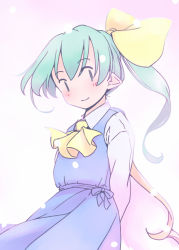 Rule 34 | 1girl, arms behind back, ascot, blue bow, blue dress, blush, bow, closed mouth, cowboy shot, daiyousei, dress, floating hair, from side, gradient background, green eyes, green hair, hair bow, long hair, long sleeves, looking at viewer, looking to the side, no nose, pale color, pinafore dress, pink background, pointy ears, rangycrow, side ponytail, sleeveless dress, smile, snowing, solo, touhou, two-tone background, white background, wind, wing collar, yellow ascot, yellow bow, | |