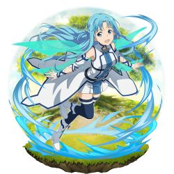 Rule 34 | 1girl, :d, asuna (sao-alo), blue dress, blue eyes, blue hair, blue ribbon, blue thighhighs, blue wings, boots, braid, detached sleeves, dress, faux figurine, floating hair, flying, french braid, full body, highres, leg up, long hair, looking at viewer, multiple wings, official art, open mouth, pleated dress, pointy ears, ribbon, short dress, short sleeves, smile, solo, sword art online, sword art online: code register, thighhighs, transparent background, two-tone dress, very long hair, waist cape, white dress, white footwear, white sleeves, wings, zettai ryouiki