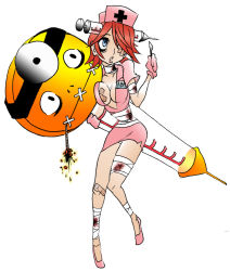 Rule 34 | 1girl, a.b.a, arc system works, bandages, bandaid, bandaid on knee, bandaid on leg, bandaids on nipples, blue eyes, doctor, gloves, guilty gear, hair over one eye, hat, homunculus, large syringe, nurse, nurse cap, object through head, oversized object, paracelsus (guilty gear), pasties, red hair, scalpel, short hair, solo, syringe, syringe in head