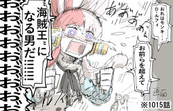 Rule 34 | 1girl, black ribbon, crying, crying with eyes open, kankan33333, meta, multicolored hair, neck ribbon, one piece, one piece film: red, projector, purple eyes, red hair, ribbon, shirt, shouting, snail, solo, split-color hair, tears, translation request, uta (one piece), watching television, white hair, white shirt, wide-eyed