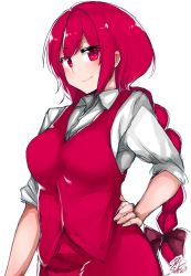 Rule 34 | 1girl, braid, chiru (218mg), closed mouth, collared shirt, commentary request, contrapposto, cowboy shot, hand on own hip, happy, highres, long hair, long sleeves, looking at viewer, okazaki yumemi, pencil skirt, red eyes, red hair, red skirt, red vest, shirt, simple background, single braid, skirt, smile, touhou, touhou (pc-98), vest, white background, white shirt