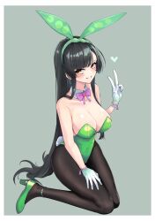 Rule 34 | 1girl, animal ears, black hair, bow, bowtie, breasts, cleavage, covered navel, detached collar, fake animal ears, fake tail, gloves, hand on own thigh, hand up, heart, high heels, highleg, highleg leotard, highres, kneeling, large breasts, leotard, long sleeves, pantyhose, playboy bunny, rabbit ears, rabbit tail, solo, strapless, strapless leotard, tail, touhoku zunko, traditional bowtie, voiceroid, white gloves, wrist cuffs, yellow eyes, zooanime