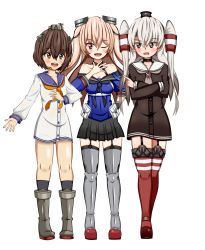 Rule 34 | 3girls, absurdres, amatsukaze (kancolle), bad id, bad pixiv id, black gloves, black skirt, black socks, blouse, blue shirt, breasts, brown dress, brown eyes, brown hair, cleavage, crossed arms, dress, fang, full body, garter straps, gloves, hair tubes, hand on own chest, headgear, highres, index finger raised, johnston (kancolle), kantai collection, kneehighs, light brown hair, long hair, medium breasts, multiple girls, neckerchief, off shoulder, one eye closed, open mouth, pleated skirt, red legwear, round teeth, rudder footwear, sailor collar, sailor dress, school uniform, serafuku, shin guards, shirt, short dress, short hair, silver hair, simple background, single glove, skirt, socks, standing, striped clothes, striped legwear, striped thighhighs, teeth, thighhighs, transparent background, two side up, upper teeth only, white background, yawnnaytea227, yellow neckerchief, yukikaze (kancolle)