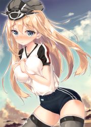 Rule 34 | 10s, 1girl, adapted costume, bad anatomy, bismarck (kancolle), black thighhighs, blonde hair, blue eyes, blush, breasts, buruma, covering privates, covering breasts, female focus, fukuda shuushi, gym uniform, hat, highres, kantai collection, large breasts, long hair, looking at viewer, military hat, peaked cap, solo, tears, thighhighs
