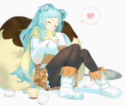 Rule 34 | 1girl, ^ ^, black pantyhose, blue hair, blush, boots, brown skirt, closed eyes, closed mouth, cup, disposable cup, eating, food, forehead, fringe trim, grey background, heart, holding, holding spoon, knees up, layered skirt, long hair, long sleeves, miyako (princess connect!), pantyhose, pleated skirt, princess connect!, pudding, scarf, shirt, simple background, sitting, skirt, sleeves past fingers, sleeves past wrists, smile, solo, spoken heart, spoon, two side up, very long hair, wasabi60, white footwear, white shirt, yellow scarf