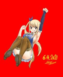 Rule 34 | 1girl, 2021, armpits, blonde hair, boots, breasts, brown eyes, clenched hands, dated, detached sleeves, fairy tail, full body, highres, large breasts, long hair, looking at viewer, lucy heartfilia, mashima hiro, official art, parted lips, red background, side ponytail, sideboob, simple background, solo, teeth, thigh boots, thighhighs