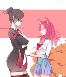 Rule 34 | 2girls, academy ahri, ahri (league of legends), alternate costume, alternate hair color, alternate hairstyle, animal ears, bad id, bad pixiv id, bespectacled, black hair, black legwear, blouse, breasts, cleavage, cowboy shot, facial mark, fiora (league of legends), fox ears, fox tail, from side, glasses, hair up, headmistress fiora, height difference, highres, large breasts, large tail, league of legends, looking at another, miniskirt, multicolored hair, multiple girls, multiple tails, panza, parted lips, pencil skirt, plaid, plaid skirt, red hair, school uniform, shirt, skindentation, skirt, standing, tail, teacher, teacher and student, thighhighs, two-tone hair, whisker markings, white shirt, zettai ryouiki