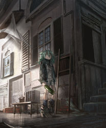 Rule 34 | 1girl, ankle boots, bad id, bad pixiv id, bench, blue socks, boots, bottle, broken bottle, building, coat, colored eyelashes, dark, green eyes, green hair, grey eyes, hair between eyes, heterochromia, highres, holding, holding bottle, kneehighs, ladder, light, long hair, looking at viewer, open clothes, open coat, original, outdoors, scenery, shichigatsu, smile, socks, solo, sou (shichigatsu), standing, sunlight, window