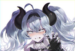 Rule 34 | 1girl, ahoge, black hairband, black vest, chromatic aberration, claw pose, clenched teeth, collared shirt, commission, curled horns, grey eyes, grey hair, hair between eyes, hair intakes, hairband, hand up, heart, highres, horns, long hair, looking at viewer, nail polish, ninto, original, shirt, simple background, solo, teeth, twintails, vest, white background, white nails, white shirt