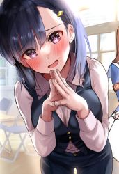 Rule 34 | 2girls, black hair, blurry, blurry background, blush, breasts, brown hair, chair, collared shirt, commentary request, embarrassed, fingernails, fingers together, grass wonder (umamusume), hair ornament, highres, indoors, kiryuuin aoi, large breasts, long hair, long sleeves, looking at viewer, medium breasts, multiple girls, open mouth, out of frame, own hands together, pants, partial commentary, peeking out, purple eyes, sg (esujii), shaded face, shirt, short hair, smile, umamusume, vest, white shirt, window