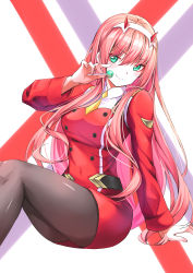 Rule 34 | 1girl, absurdres, black pantyhose, breasts, candy, darling in the franxx, food, green eyes, headband, highres, horns, ianzky, lollipop, long hair, looking at viewer, medium breasts, military, military uniform, necktie, pantyhose, pink hair, simple background, smile, solo, uniform, very long hair, yellow necktie, zero two (darling in the franxx)