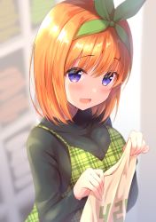 Rule 34 | 1girl, :d, amedamacon, apron, black sweater, blurry, blurry background, blush, breasts, depth of field, go-toubun no hanayome, green apron, green ribbon, hair ribbon, highres, holding, large breasts, long sleeves, looking at viewer, nakano yotsuba, open mouth, orange hair, plaid, plaid apron, purple eyes, ribbon, short hair, smile, solo, sweater, upper body