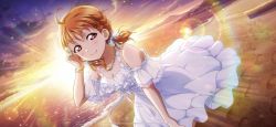 Rule 34 | 1girl, alternate hairstyle, antenna hair, artist name, artist request, bare shoulders, beach, blue sky, blush, bow, braid, breasts, cleavage, cloud, collarbone, dress, female focus, frill trim, frills, hair bow, halter dress, halterneck, highres, jewelry, looking at viewer, love live!, love live! school idol festival, love live! school idol festival all stars, love live! sunshine!!, medium breasts, mountain, necklace, ocean, off-shoulder dress, off shoulder, orange hair, outdoors, parted lips, playing with own hair, red eyes, short hair, sky, sleeveless, sleeveless dress, smile, solo, star (symbol), star necklace, sunset, takami chika, twintails, white bow, white dress