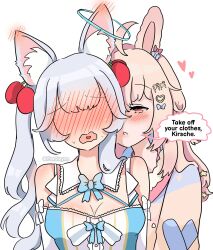Rule 34 | 2girls, animal ear fluff, animal ears, blue bow, blue bowtie, blush, bow, bowtie, breasts, cherry hair ornament, coat, curly hair, detached collar, detached sleeves, ear blush, ear bow, english text, food-themed hair ornament, fox ears, fox girl, fox steyna, full-face blush, hair bow, hair ornament, halo, heart, heart hair ornament, heart in mouth, highres, indie virtual youtuber, kirsche verstahl, long hair, medium breasts, multicolored coat, multiple girls, open mouth, phase connect, pink bow, pipkin pippa, pipkin pippa (1st costume), rabbit ears, rabbit girl, speech bubble, star (symbol), star hair ornament, twitter username, white bow, white sleeves, yuri
