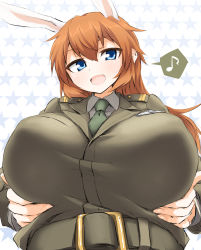 Rule 34 | 1girl, animal ears, bad id, bad pixiv id, belt, blue eyes, breast hold, breasts, charlotte e. yeager, covered erect nipples, dakku (ogitsune), fingernails, from below, huge breasts, large breasts, long hair, long sleeves, military, military uniform, musical note, necktie, open mouth, orange hair, quaver, rabbit ears, rabbit girl, smile, solo, speech bubble, spoken musical note, star (symbol), starry background, strike witches, uniform, upper body, world witches series