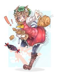 Rule 34 | !, 1girl, animal ears, bag, black pantyhose, boots, breasts, brown footwear, brown hair, cat ears, cat tail, chen, cross-laced footwear, earrings, flying sweatdrops, food, frilled skirt, frills, full body, gap (touhou), hat, jewelry, juliet sleeves, lace-up boots, long sleeves, mob cap, multiple tails, neck ribbon, ototobe, pantyhose, paper bag, puffy sleeves, reaching, red eyes, red skirt, red vest, ribbon, short hair, single earring, skirt, skirt set, small breasts, solo, tail, taiyaki, touhou, two tails, vest, wagashi, yellow ribbon
