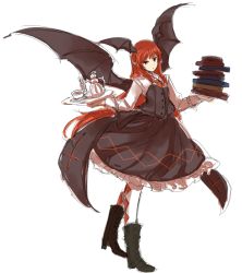 Rule 34 | 1girl, argyle, argyle clothes, argyle legwear, bad id, bad pixiv id, book, book stack, boots, cup, dress, female focus, full body, head wings, koakuma, long hair, looking at viewer, pantyhose, pointy ears, red eyes, red hair, simple background, sketch, solo, teacup, teapot, touhou, tray, tsukiori, white background, white pantyhose, wings